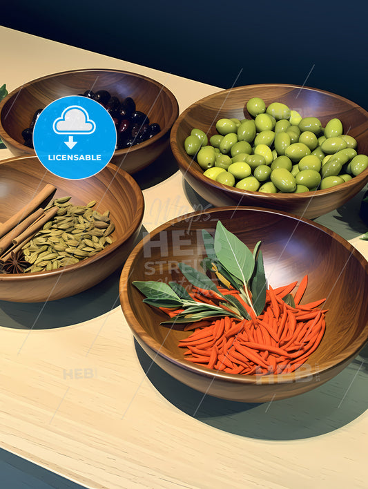Herbs - A Group Of Bowls Of Food