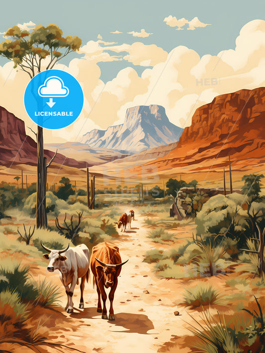Mexico - A Painting Of Cows Walking On A Dirt Road With Mountains In The Background