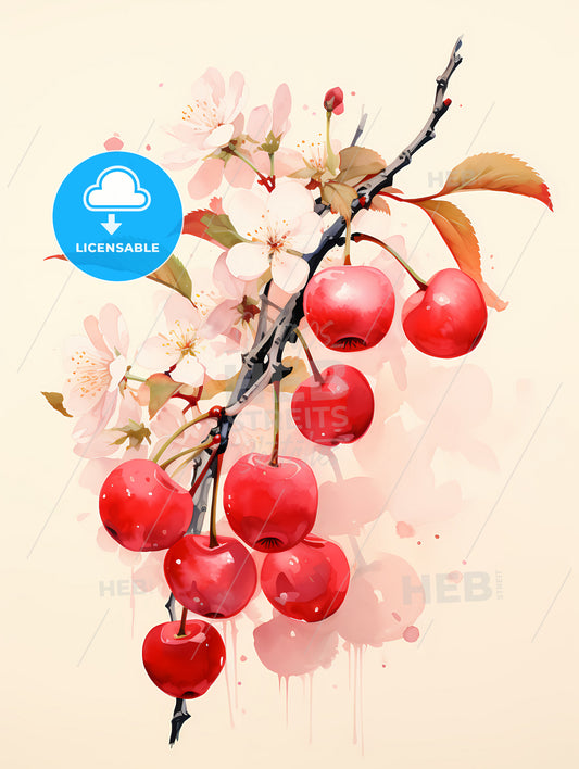 A Cherry Tree Branch With Red Fruits And White Flowers
