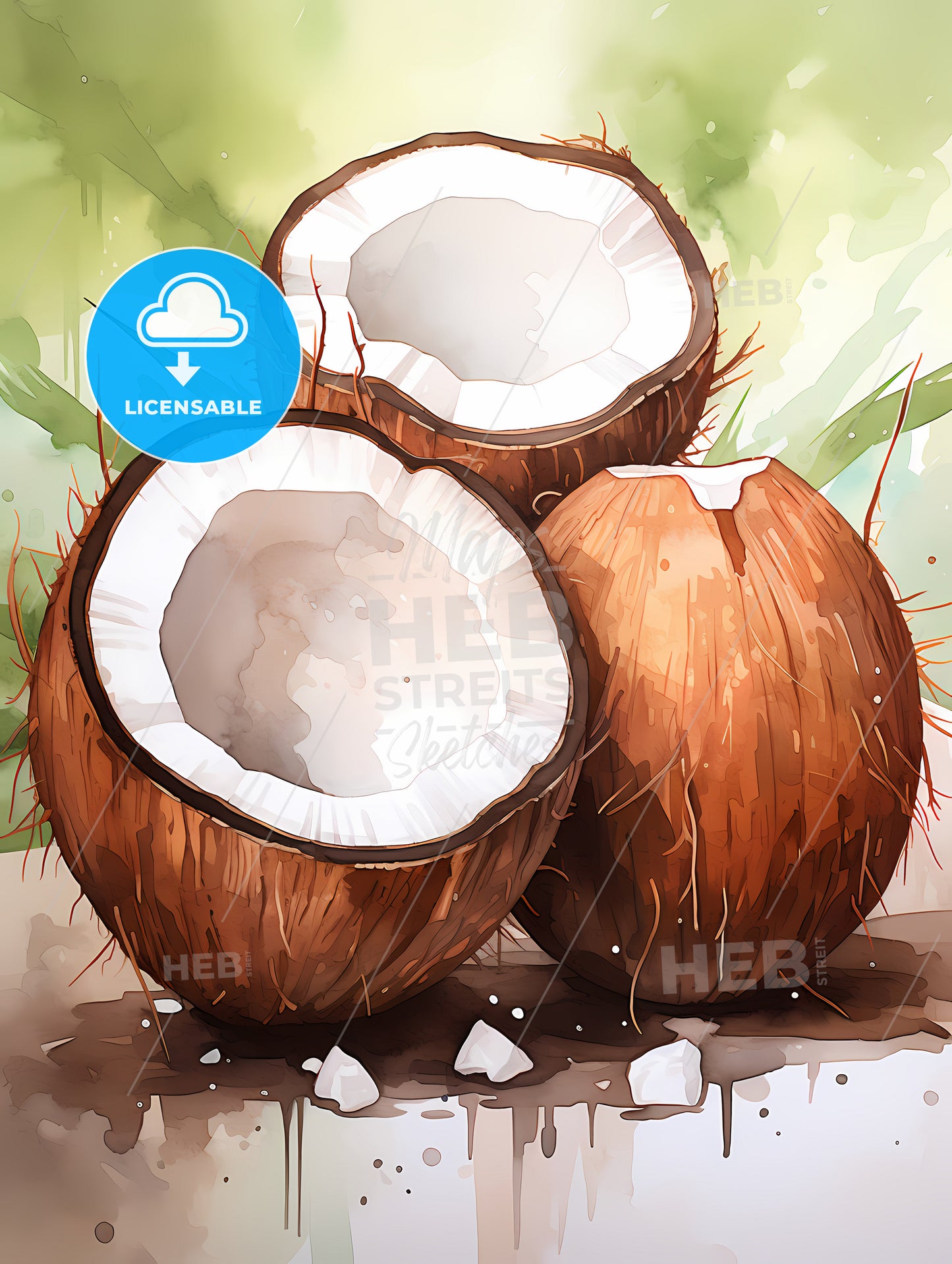 A Group Of Coconuts With A Broken Open Shell