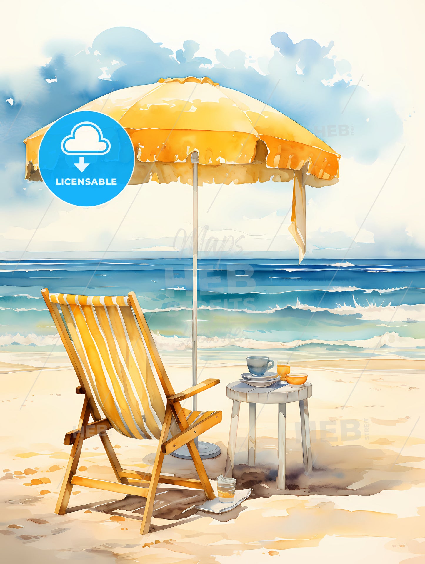 Empty - A Watercolor Painting Of A Chair And Umbrella On A Beach