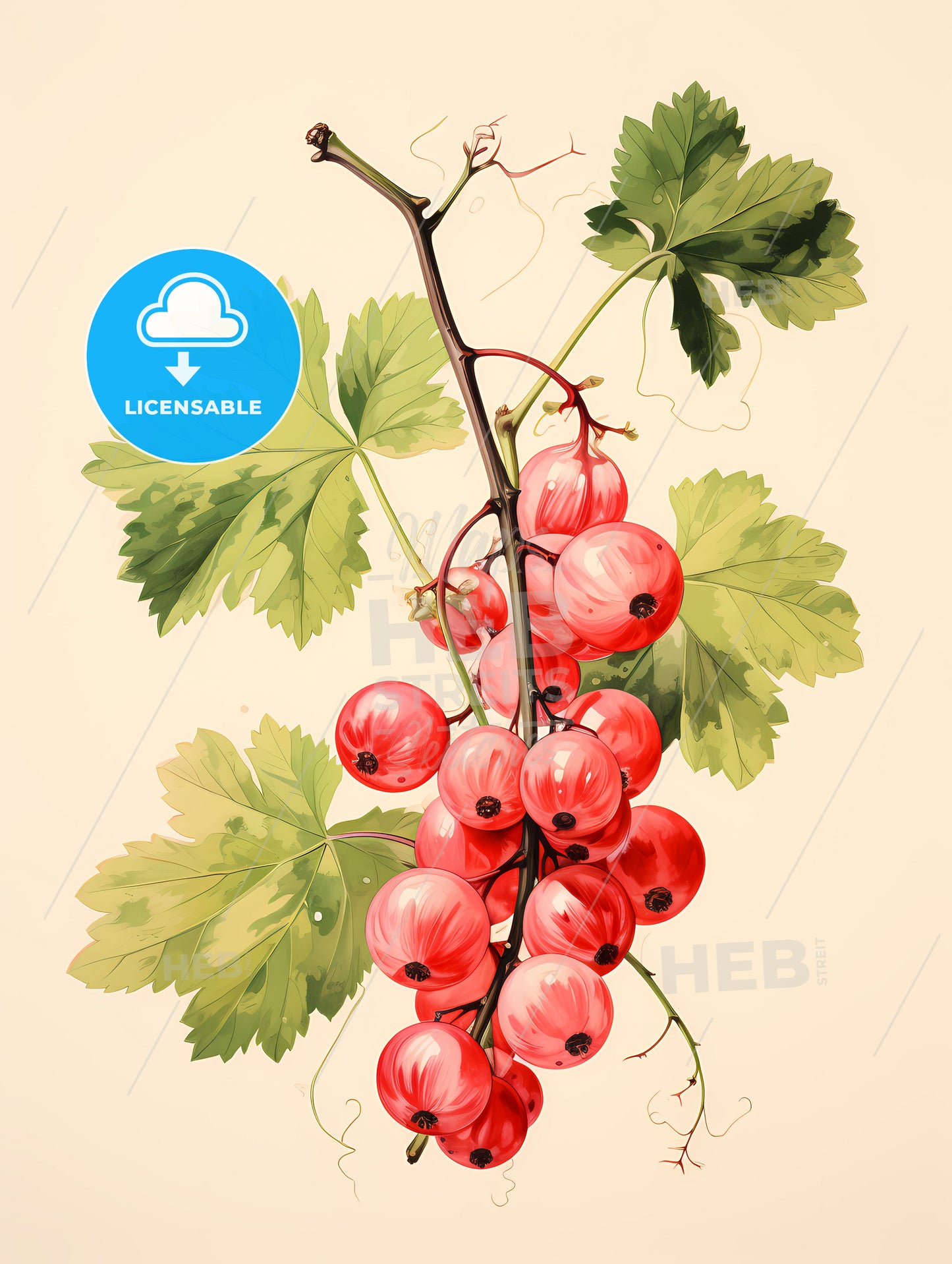 A Branch Of Red Currants With Green Leaves