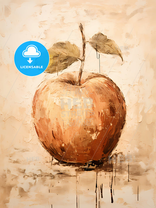 A Painting Of An Apple With A Stem And Leaves