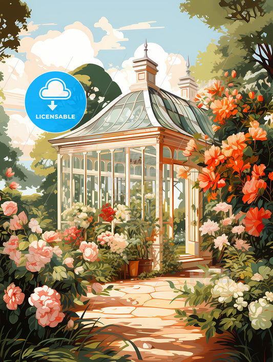 Home - A Painting Of A Glass House With Flowers