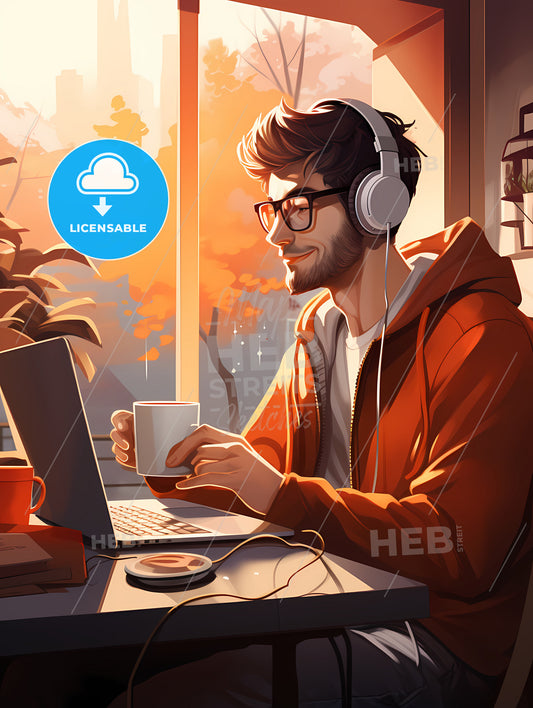 Work And Travel - A Man Wearing Headphones And Holding A Cup Of Coffee