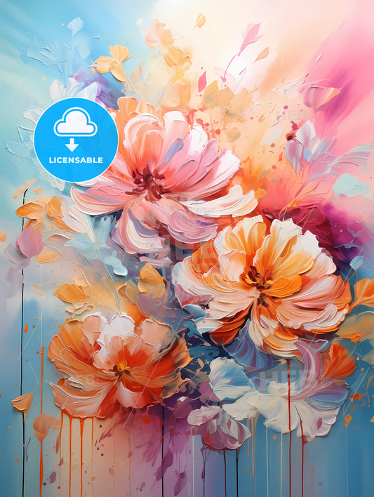 A Painting Of Flowers On A Blue Background
