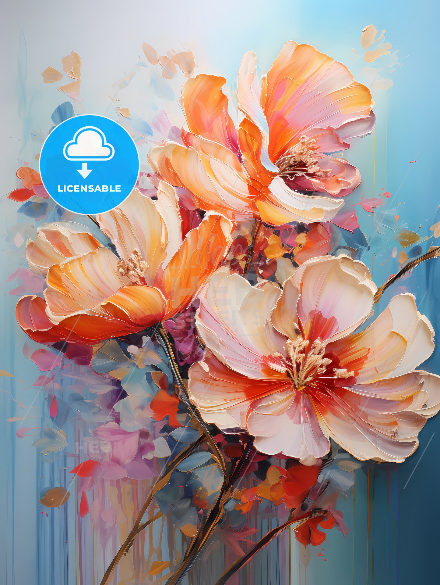 A Painting Of Flowers On A Blue Background