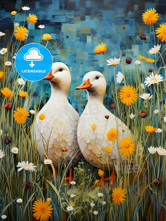 Two Ducks In A Field Of Flowers