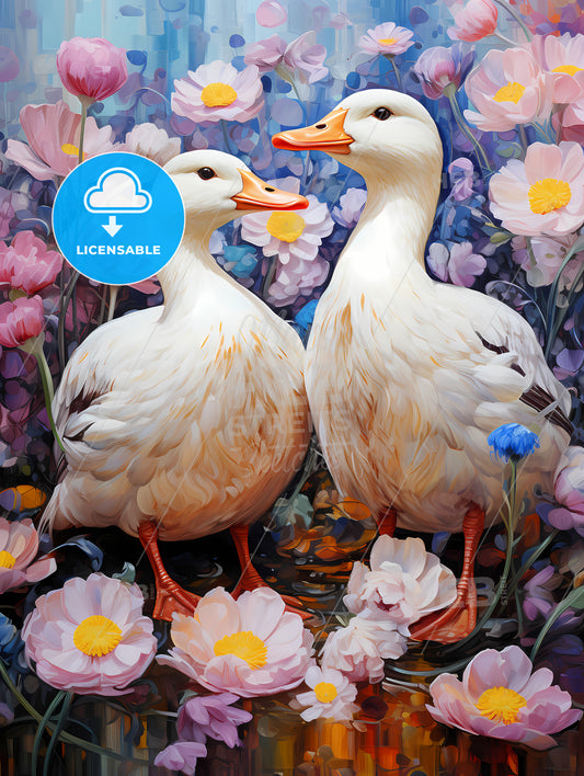 Two Ducks Standing In A Pond Surrounded By Flowers