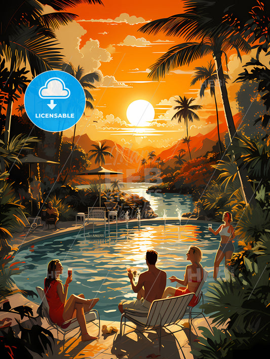 Vintage Vacation - A Group Of People Sitting In Chairs By A Pool With A Sunset