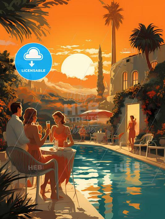 Vintage Vacation - A Group Of People Sitting At A Table By A Pool