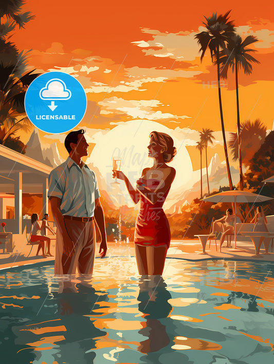 Vintage Vacation - A Man And Woman Standing In A Pool With Palm Trees And A Sunset