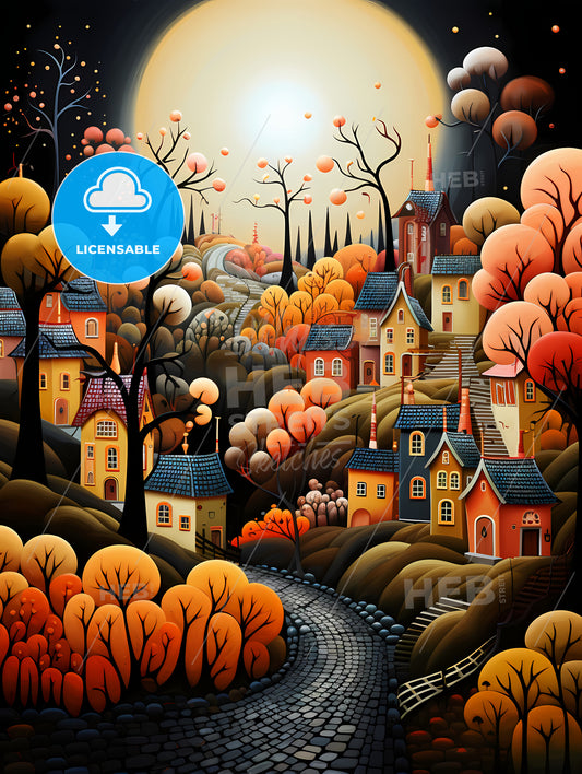 Autumn City - A Painting Of A Town With Trees And A Road