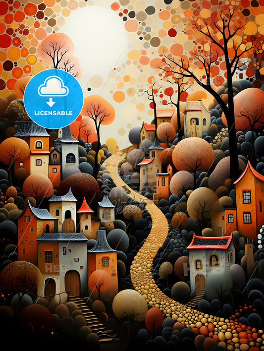 Fall - A Painting Of A Village With Trees And A Path