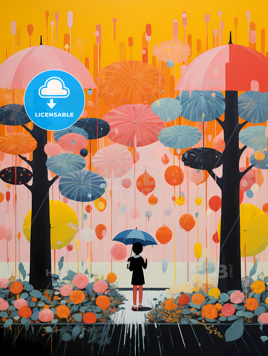 Fall - A Girl Holding An Umbrella Under Colorful Umbrellas