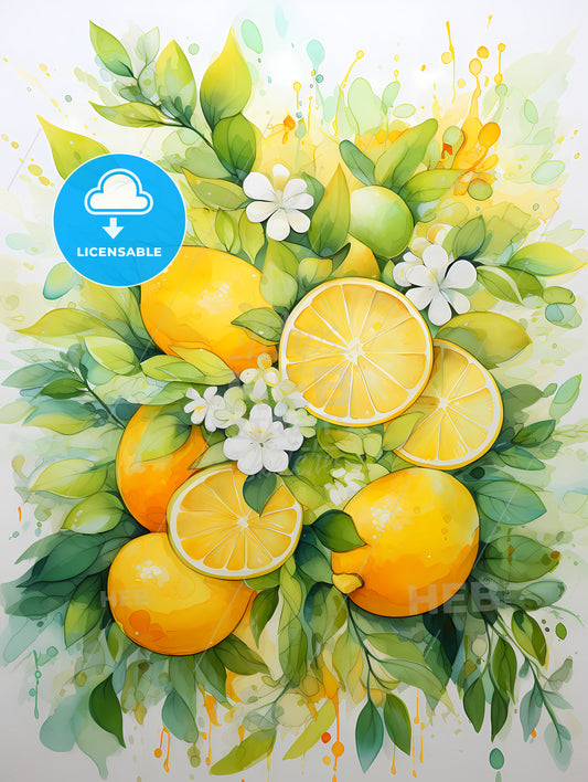 A Painting Of Lemons And Flowers