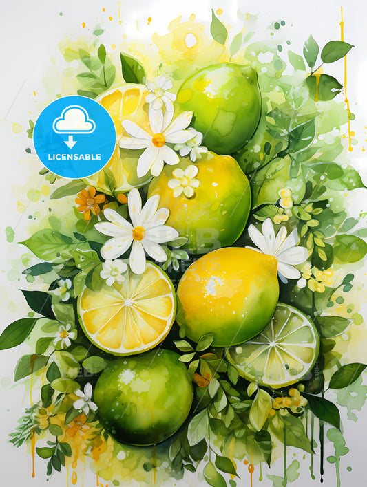 A Painting Of Lemons And Flowers