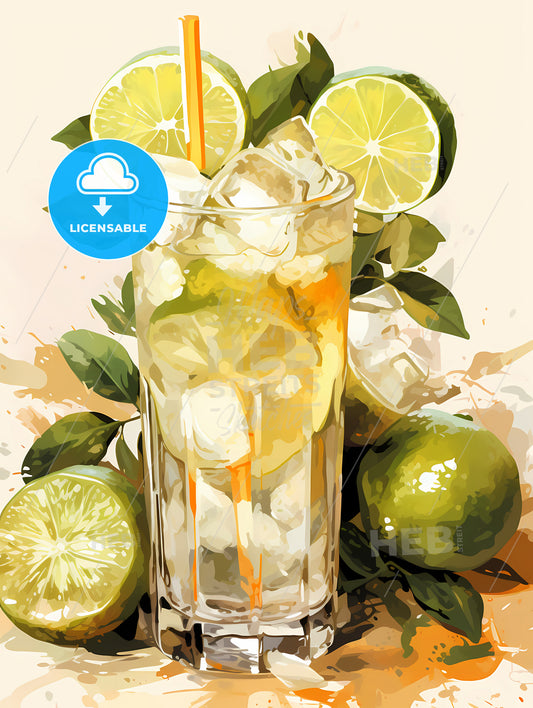 A Glass Of Ice Tea With Limes And Leaves