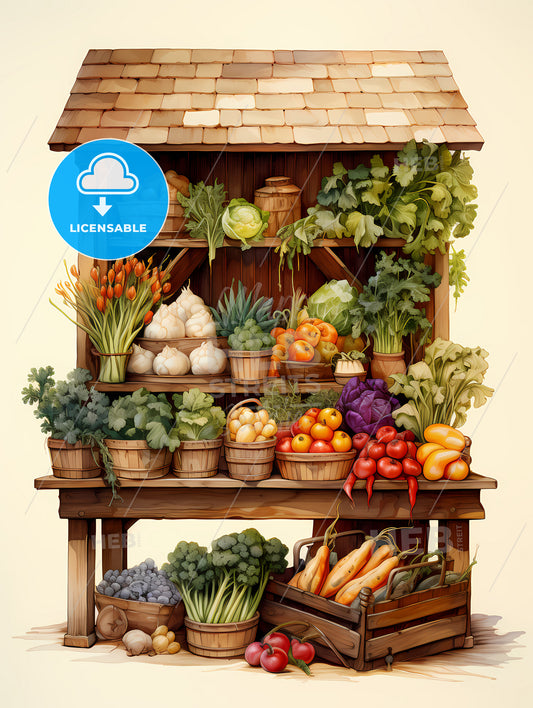 A Wooden Shelf With Vegetables And Fruits