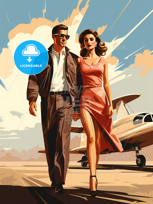 Fashion - A Man And Woman Walking In Front Of An Airplane