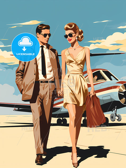 Fashion - A Man And Woman Holding Hands And Walking In Front Of An Airplane