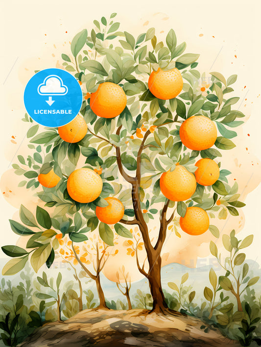 A Painting Of A Tree With Oranges