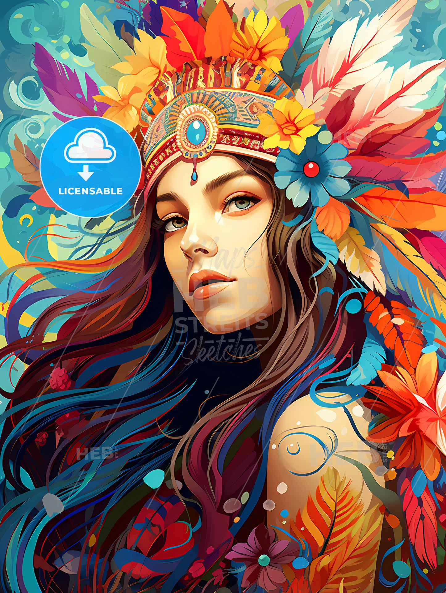 Festive - A Woman With Colorful Feathers And Flowers