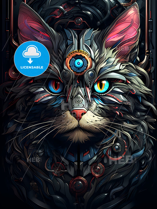 Sicence Fiction - A Cat With Colorful Eyes And A Metal Structure