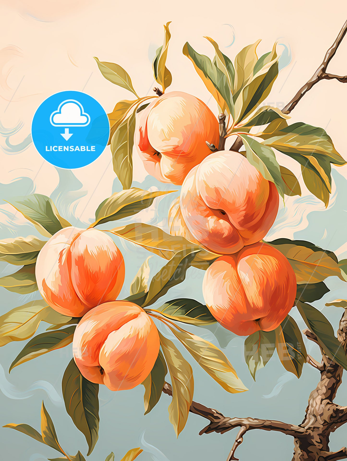 Peaches On A Tree Branch With Leaves And A Blue Sky