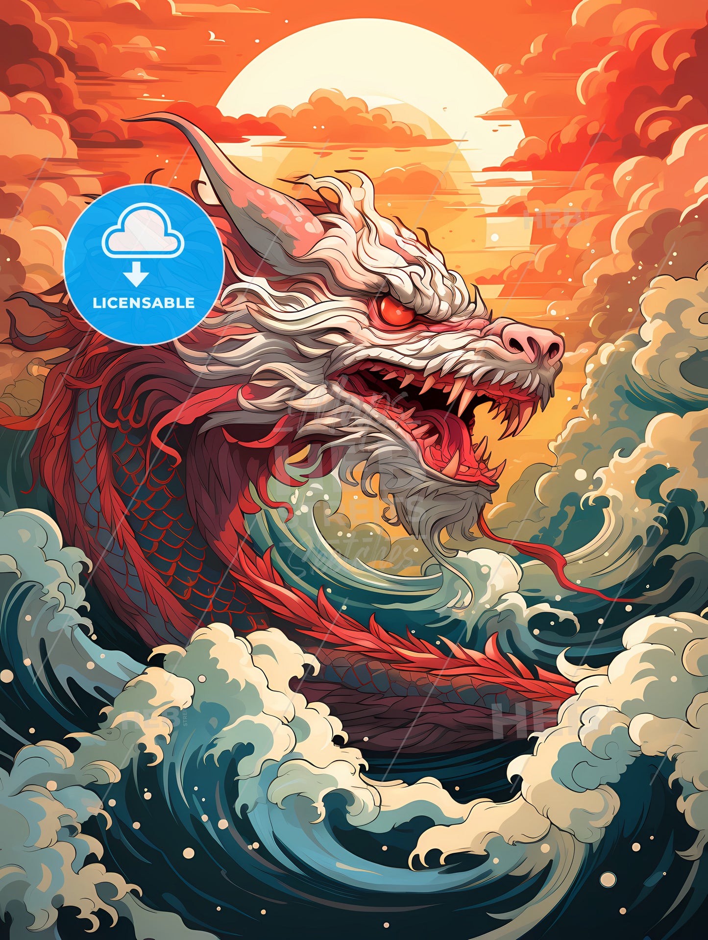 A Red Dragon With White And Red Waves