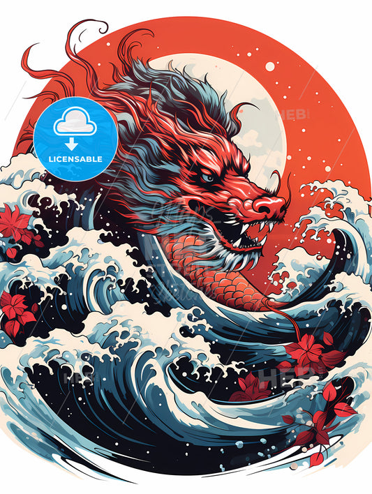 A Red Dragon With Waves And Flowers