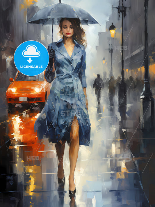 Urban Art - A Woman Walking Down A Street Holding An Umbrella