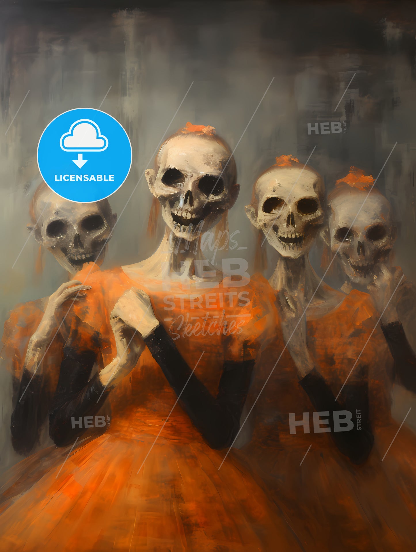 Horror - A Group Of Skeletons In Orange Dresses