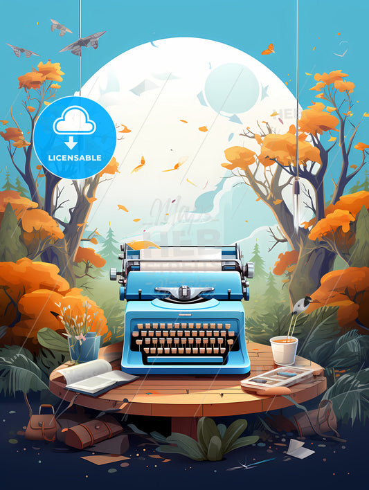 The Place Of Inspiration - A Blue Typewriter On A Table Surrounded By Trees
