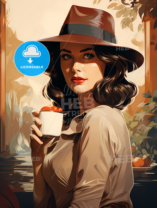 Vintage Advertising - A Woman Wearing A Hat Holding A Cup Of Fruit