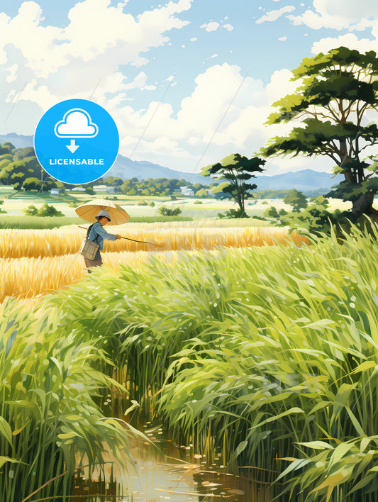 Vietnam - A Person In A Field With A Parasol