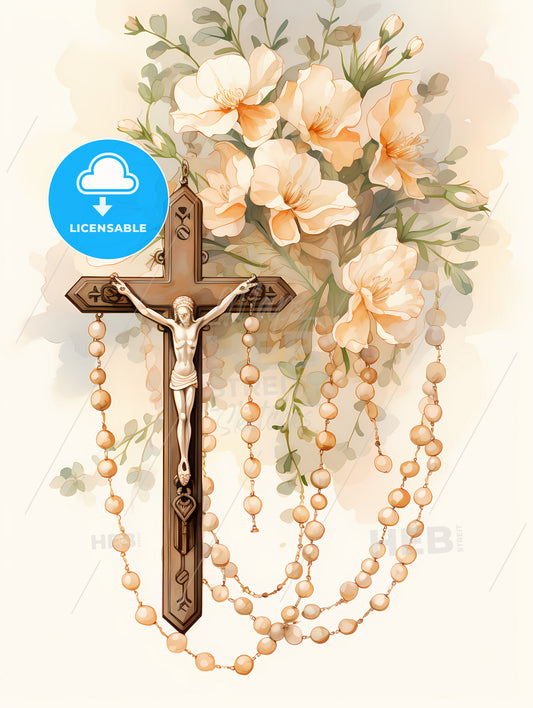 Christ - A Cross With A Crucifix And Beads From A Bouquet Of Flowers
