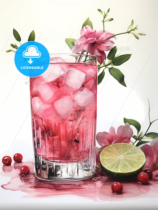 A Glass Of Pink Drink With Ice And A Lime And Flowers