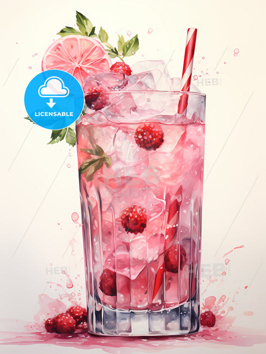 A Glass Of Pink Drink With A Straw And Fruit