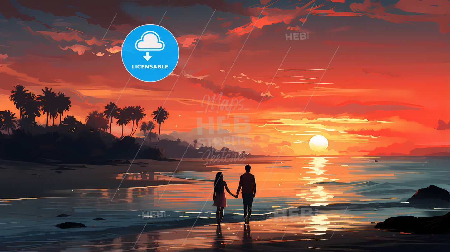 Vacation - A Man And Woman Holding Hands On A Beach At Sunset