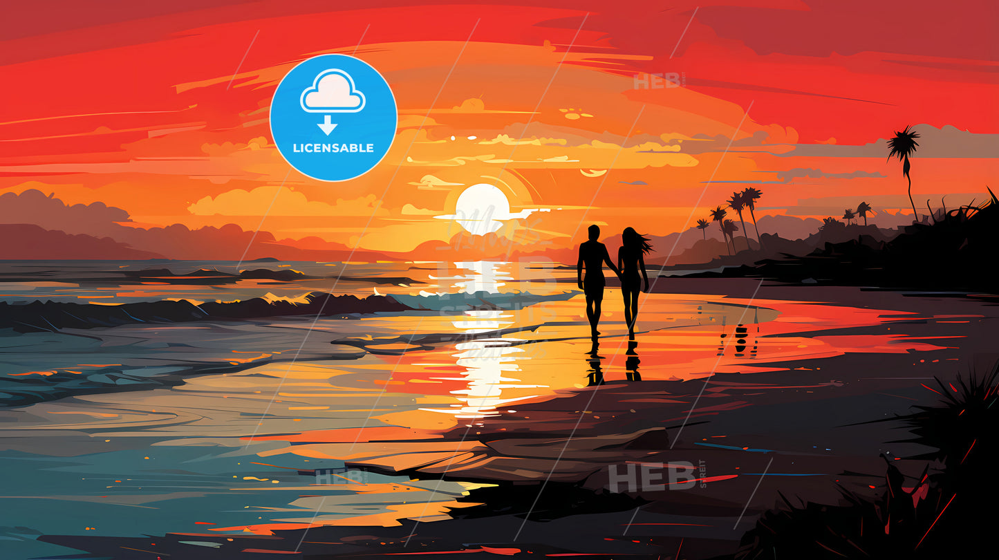 Vacation - A Couple Walking On A Beach At Sunset