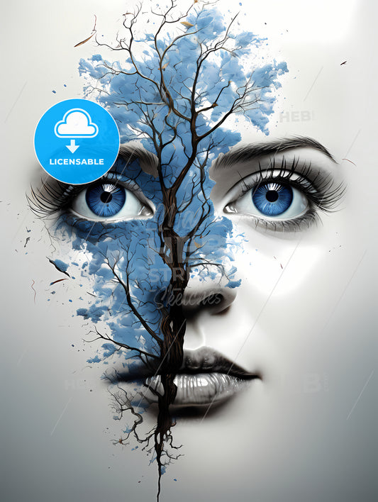 Remember - A Woman'S Face With A Tree And A Blue Tree