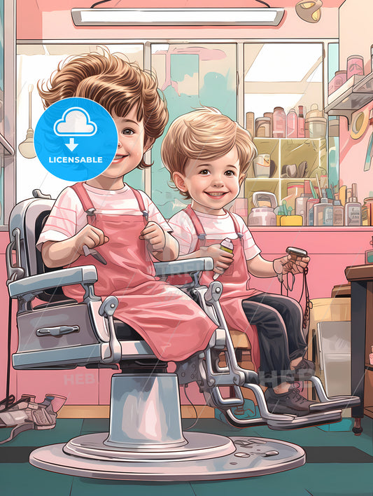 Barber Shop - A Couple Of Children Sitting In A Chair In A Barber Shop