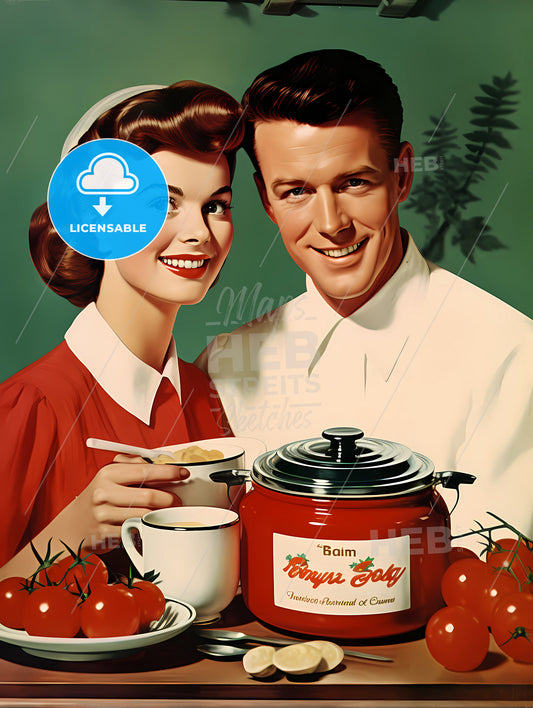 Vintage Advertising - A Man And Woman Smiling And Holding A Spoon And A Bowl Of Soup
