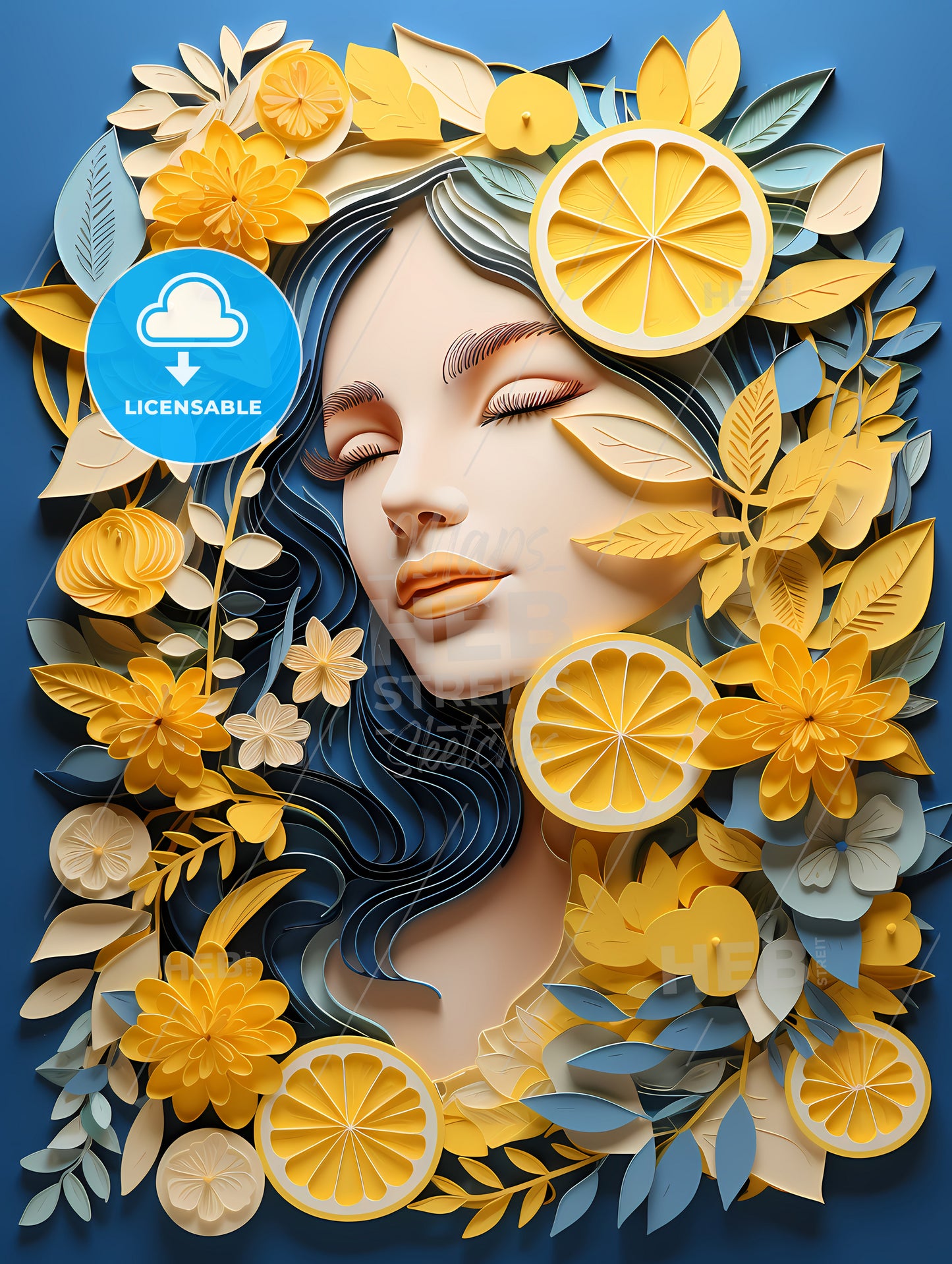 Art Composition - A Woman With Blue Hair And Yellow Flowers