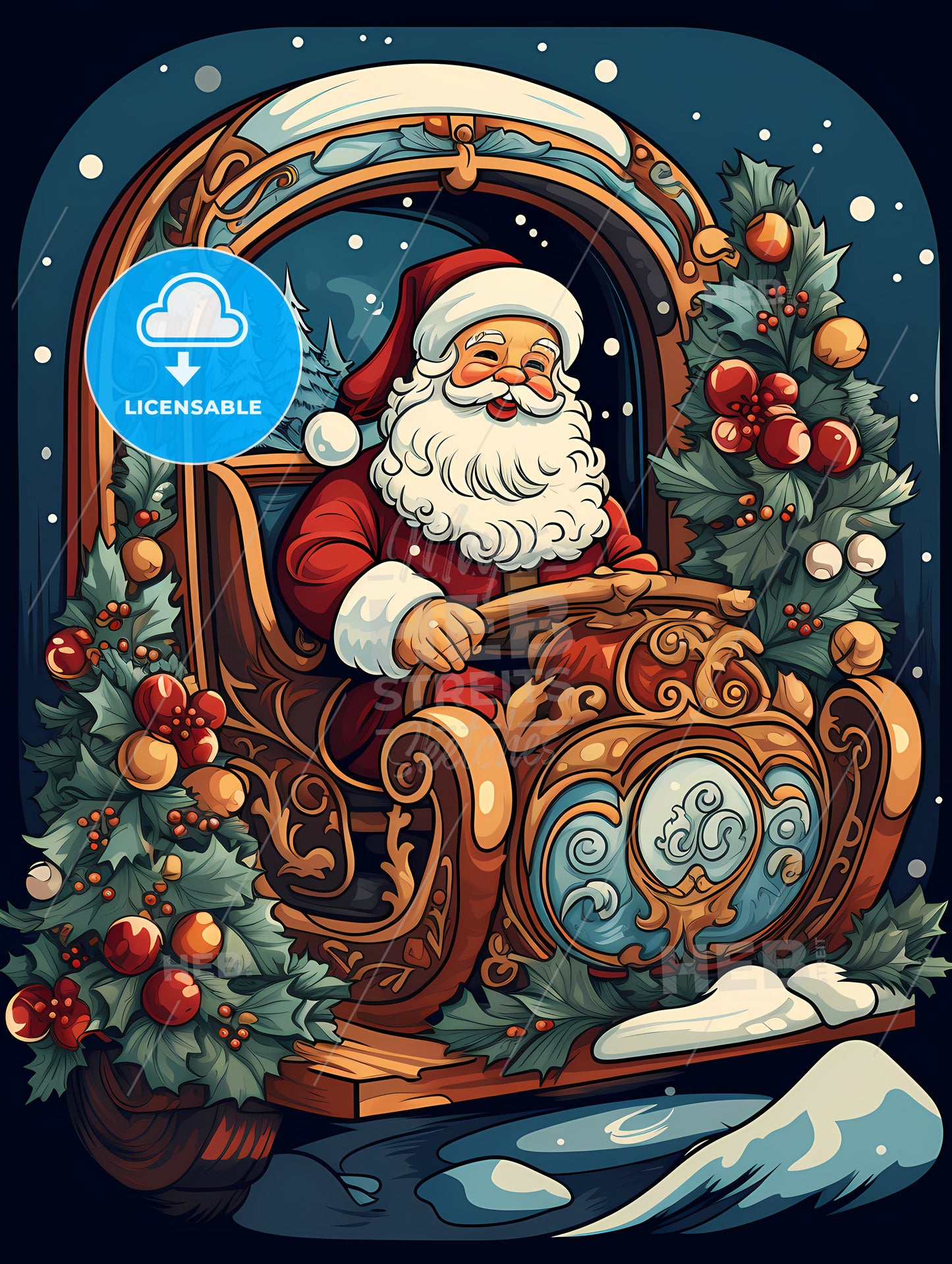 Christmas - A Cartoon Of A Santa Claus Driving A Sleigh