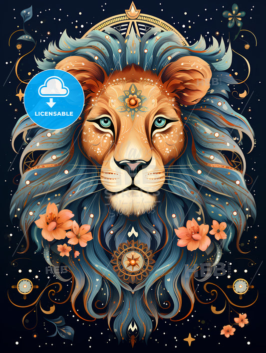 A Lion With Blue Hair And Flowers