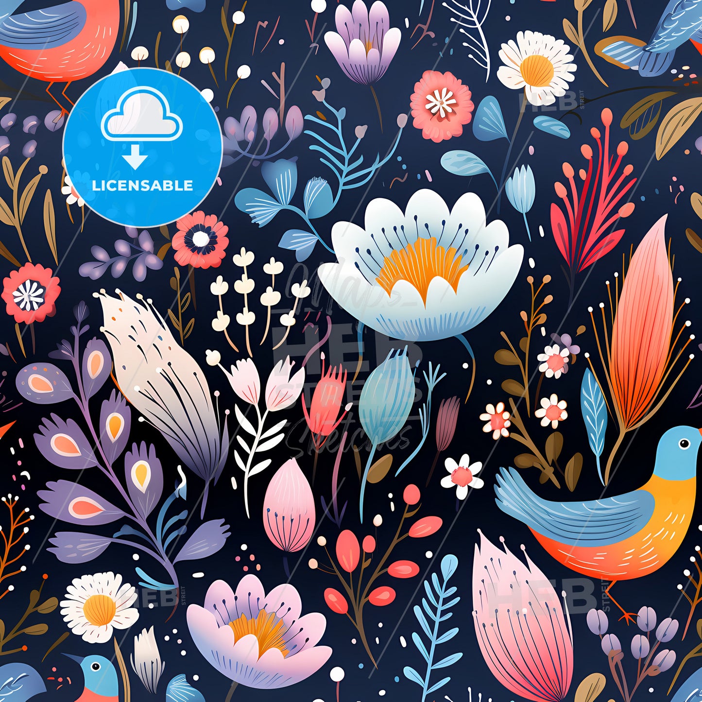 A Colorful Floral Pattern With Birds And Flowers