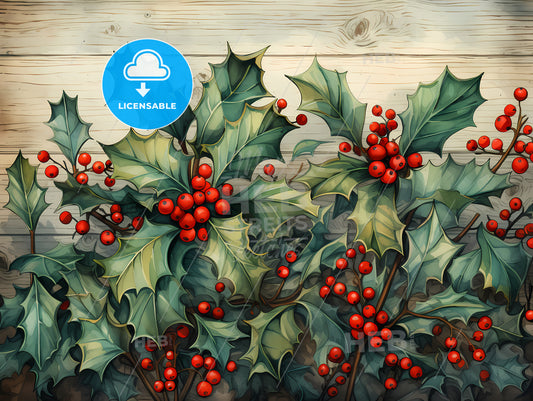 Holiday Greetings - A Painting Of A Holly Plant With Red Berries