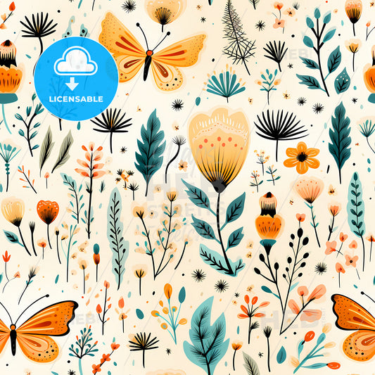 A Pattern Of Flowers And Butterflies